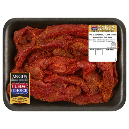 Fajita Seasoned Flank Steak Strips, Choice Angus Beef, Tray, Fresh, 0.53 - 1.7 lb