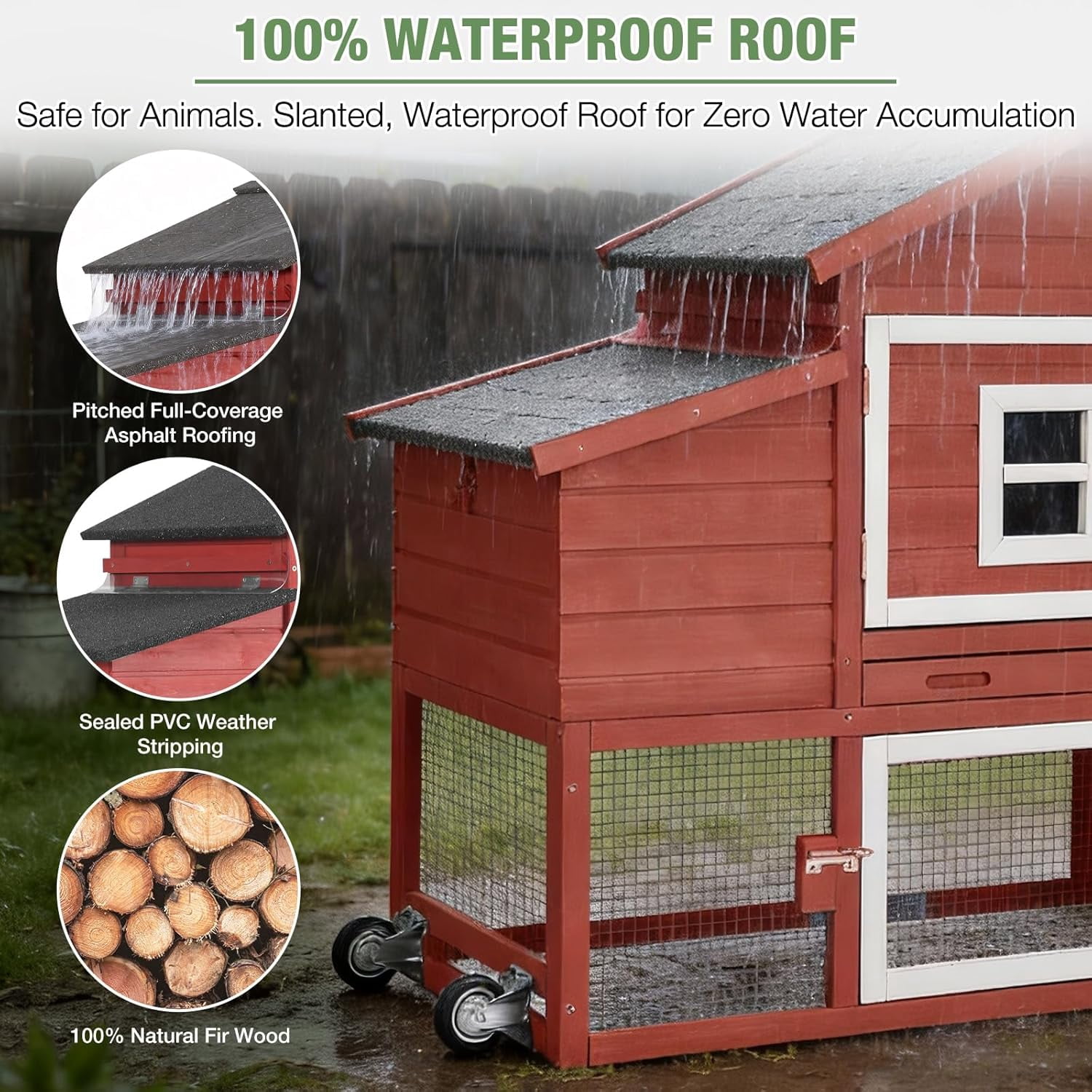 Aivituvin Chicken Coop for 2-4 Chickens with Wheels Outdoor Chicken House Mobile Large Poultry Cage Pull Out Tray No Leakage Red