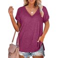 thumbnail image 4 of Jumpingount Camiseta de mujer con cuello en V, manga corta de color sólido, blusa dividida de color sólido Prendas para la parte del cuerpo Rojo púrpura XXL Jumpingount AP003161-35, 4 of 6