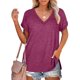 thumbnail image 4 of Qarigey Camiseta de mujer con cuello en V, manga corta de color sólido, blusa dividida de color sólido Prendas para la parte del cuerpo Rojo púrpura XXL, 4 of 6