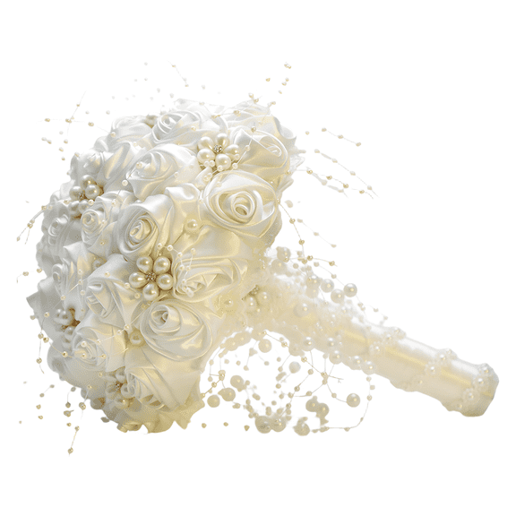 White Wedding Bouquet, Diameter 7.9 in / 20 cm Satin Rose Bridal Bouquet, Pearl Beaded Artificial Wedding Bouquet for Bride, Handmade Bouquets for Valentine's Day and Wedding Decoration