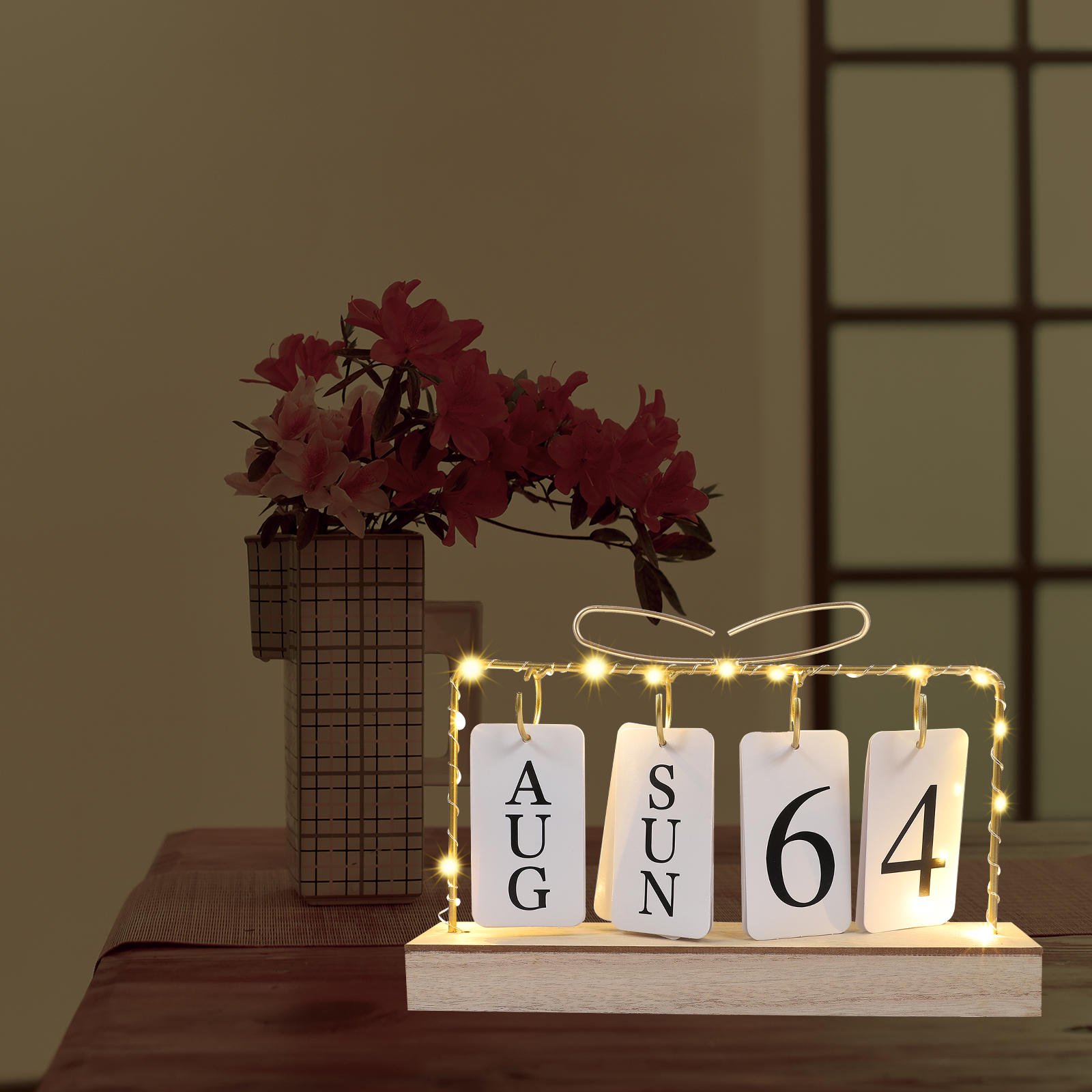 DEEPCRAFF Wooden Desk Calendar with Light Iron Tabletop Ornament for Office