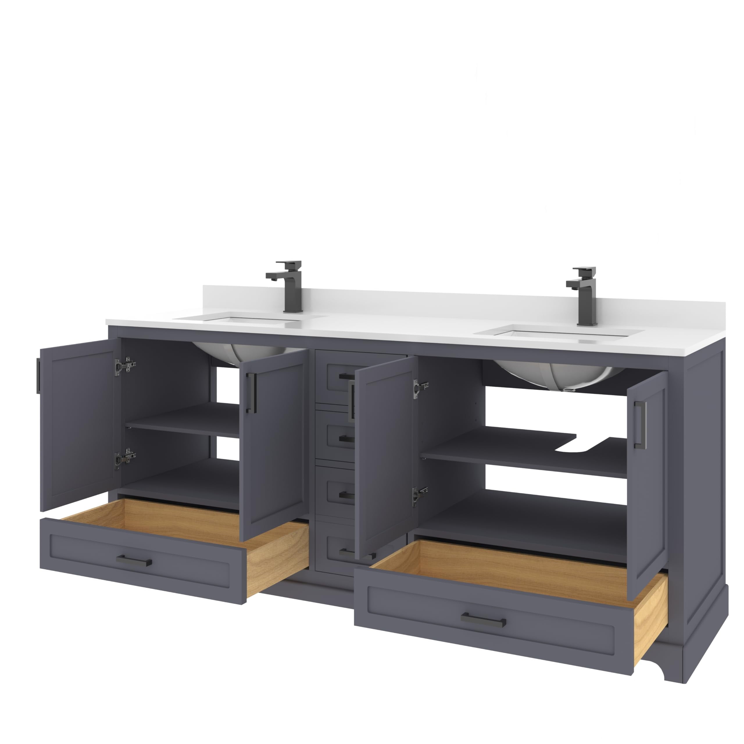 Ayna Decors Maya 72 in Charcoal Grey Double Sink Bathroom Vanity Set with White Quartz Countertop | 4 Soft Closing Doors | 6 Full Extention Soft Close Drawer | Black Hardware