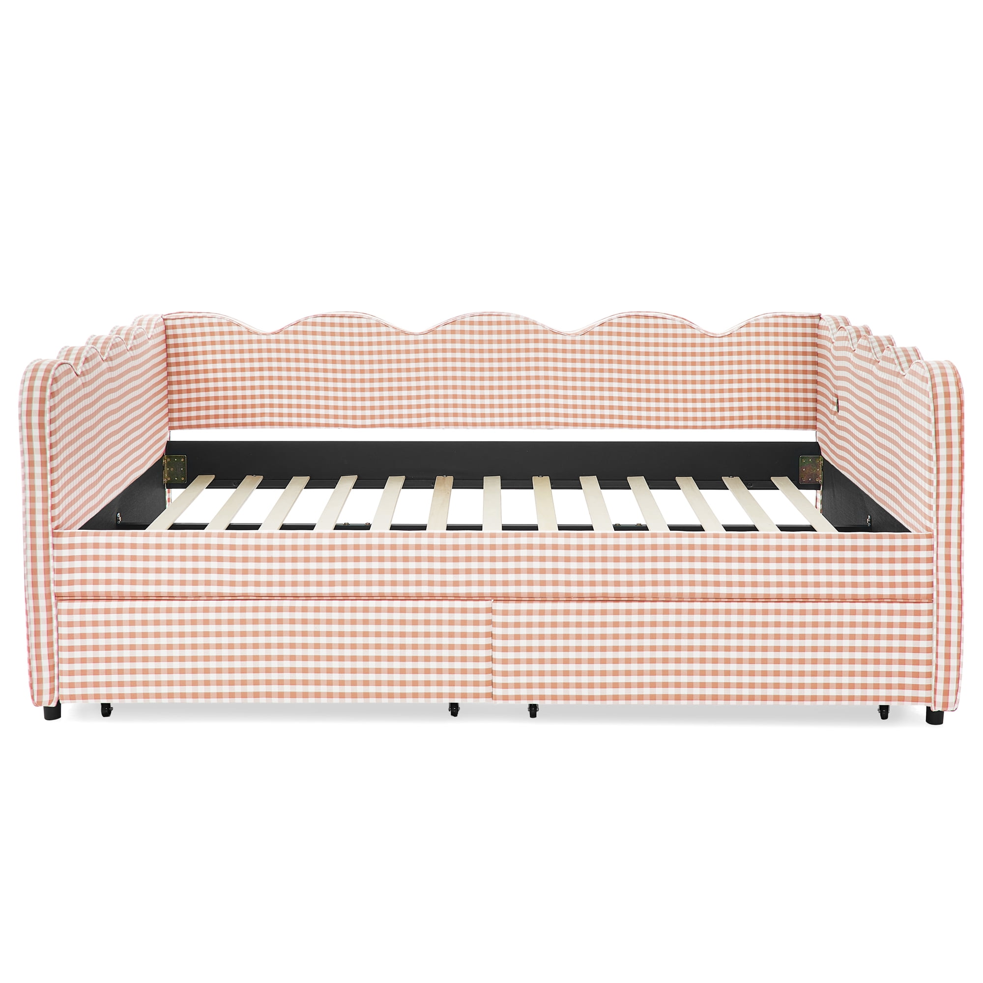 Queen Size Daybed with Storage Drawers and USB Port, Upholstered Linen Sofa Bed Frame with Wave Design, Modern Guest Bed for Bedroom Living Room, Pink