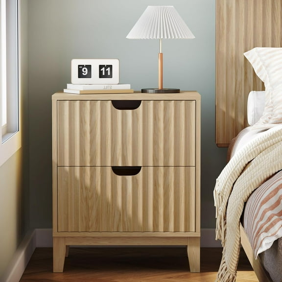 Nightstand with Drawers, Farmhouse End Table with Solid Wood Legs, Fluted Bedside Stand for Bedroom, Boho Side Table Night Stand for Living Room Small Spaces, Natural