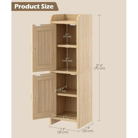 Rattan Small Bathroom Cabinet with 2 Doors, Narrow Toilet Paper Storage Cabinet, Bathroom Organizer for Small Spaces, Wooden Slim Corner Floor Unit with Adjustable Shelves, Natural Oak