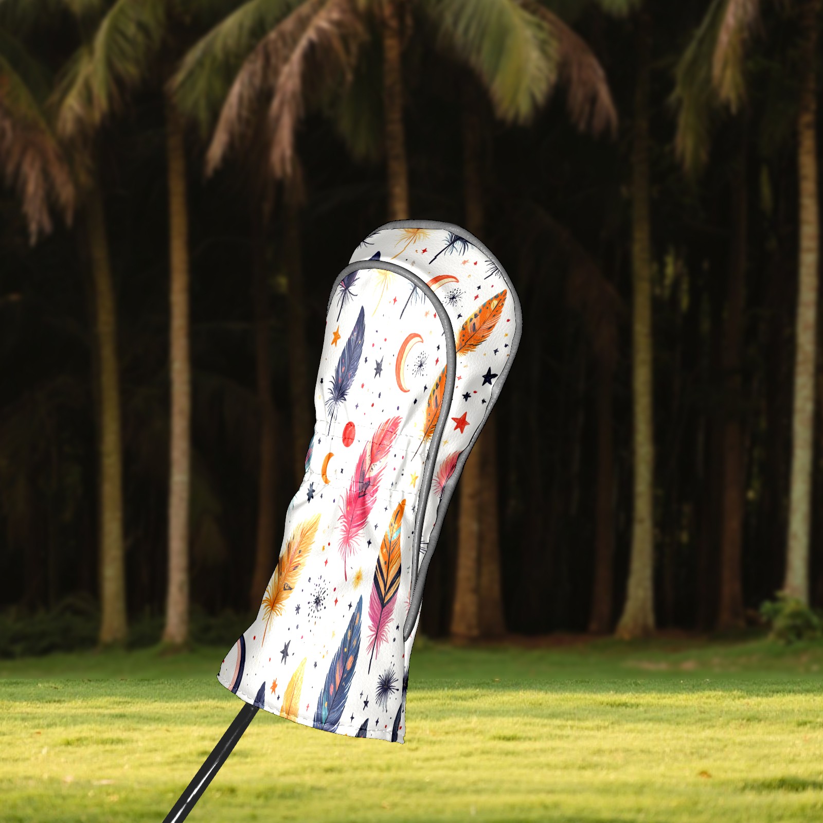 Golf Club Covers PU Leather Waterproof Head Covers for Fairway Woods Hybrids Colorful Feathers