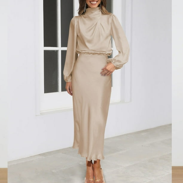 beige color satin dress Lizza Beige Satin Maxi Dress with Slit