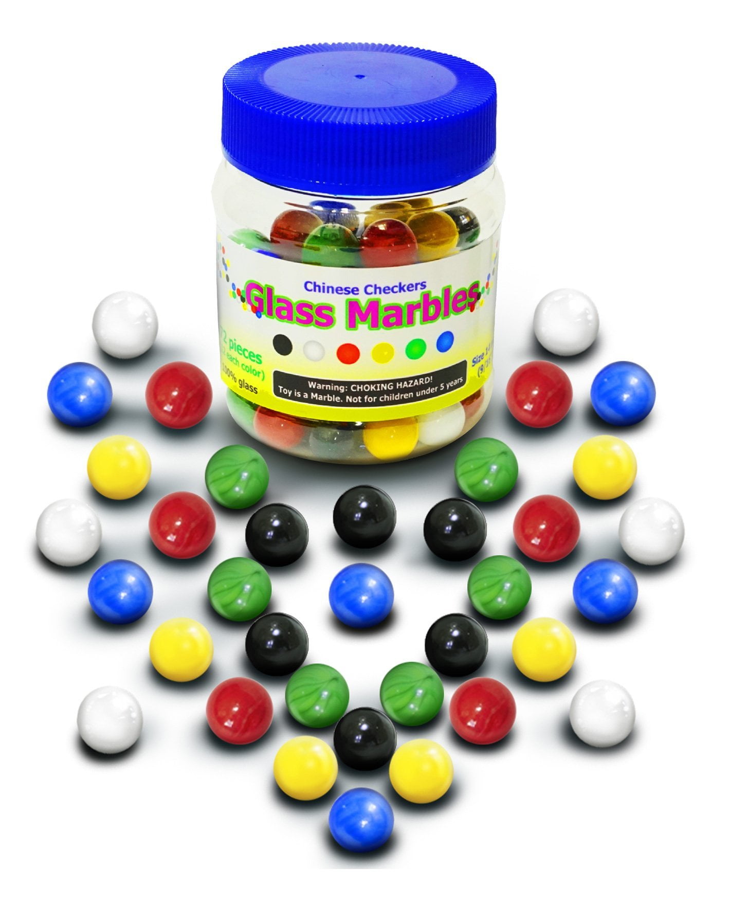 14mm Set of 72 Renewed 12 each Color with Practical Container. Size 9/16” Super Value Depot Chinese Checkers Glass Marbles 
