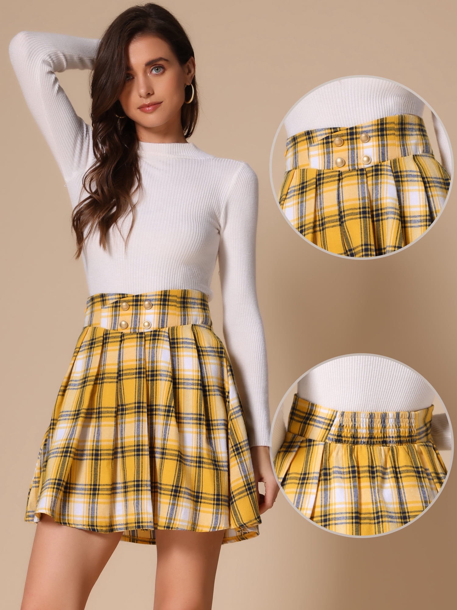 DARING DIVA Women's Plaid Tartan A-Line Buffalo Pleated Skirts M Yellow Blue