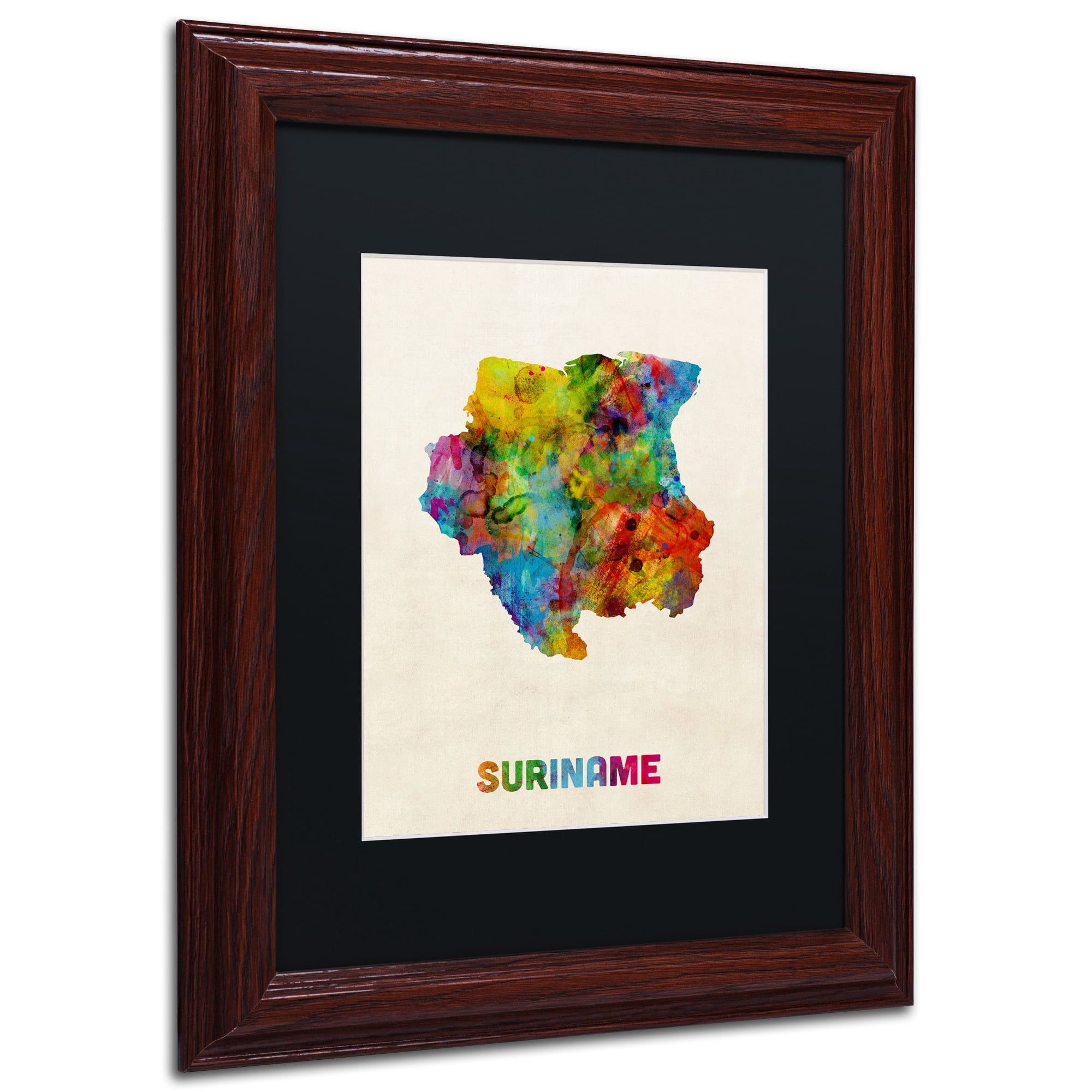 Trademark Fine Art "Suriname Watercolor Map" Canvas Art by Michael Tompsett Black Matte, Wood Frame