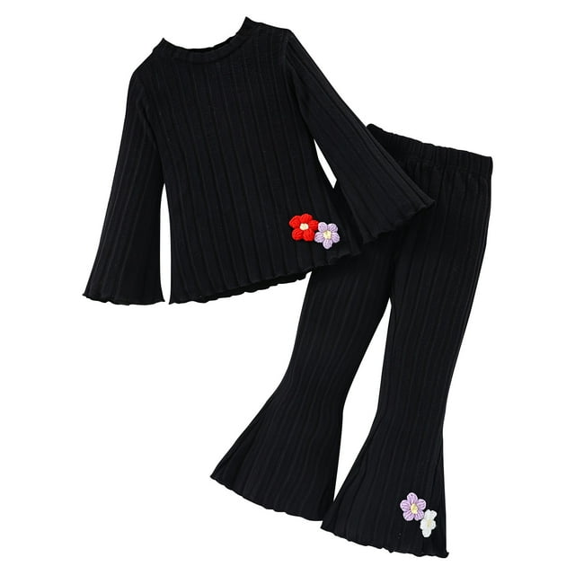 Odeerbi 3-10 Años Conjunto de Niña Punto Elástico Con Flores Tops de Manga Larga Pantalones Acampanados Conjunto de Dos Piezas