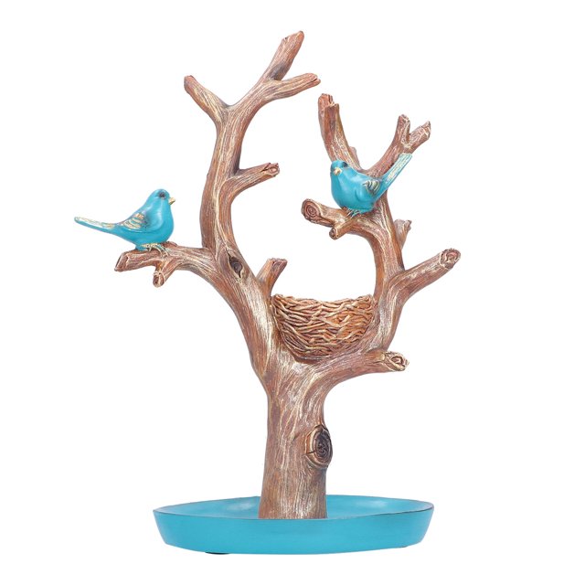 Adorno de resina con ramas de árbol de pájaro de simulación, figura de escritorio pintada a mano para almacenamiento en el jardín, pájaro azul grande