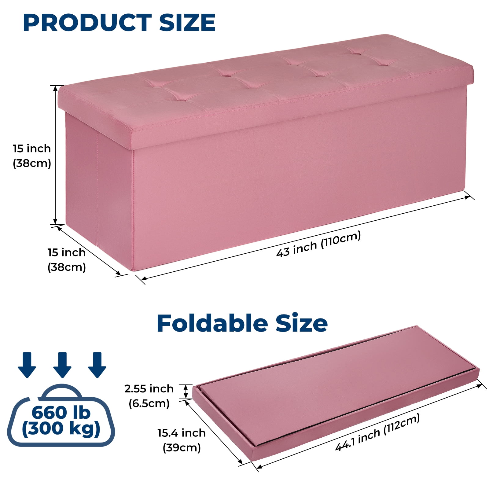 LUSIMO Ottoman with Storage 43" Velvet Storage Bench Folding End of Bed Bench Hold up to 660lb Footstool for Bedroom Living Room, Pink