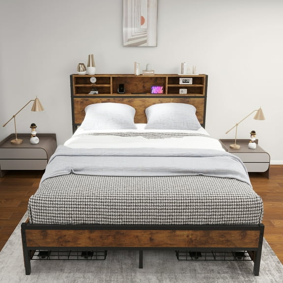 Uforic - Queen Size Bed Frame with Headboard, Metal Platform Bed with 4 Storage Drawers and Charging Station, Easy Assembly, Brown