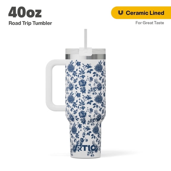 RTIC 40 oz Ceramic Lined Road Trip Tumbler, Leak-Resistant Lid with Straw, Blue Bouquet