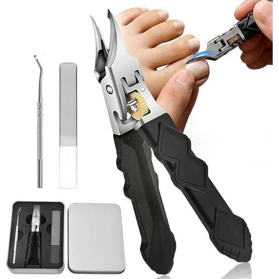 Black Anti-Slip Grip Gear Lock Nail Clipper - Ultra-Sharp Angled Clippers for Thick Hard Nails, Ingrown Toenails, Seniors & Men (1Pcs, B)