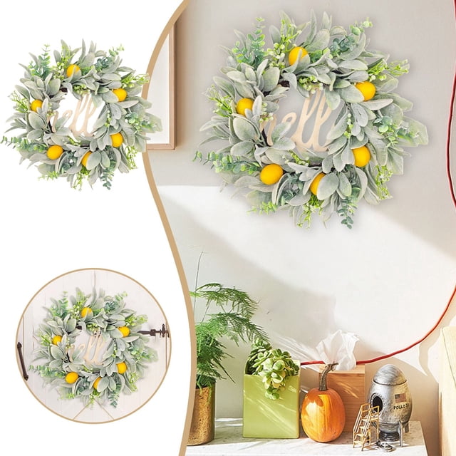 BKER Summer Wreath All Year Round Wreath Hello Letter Decoration Simulation Lamb Ear Wreath Door Hanging