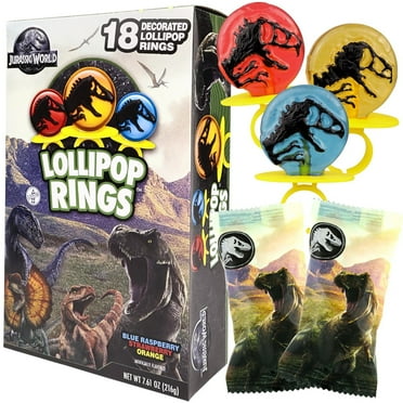 Jurassic World Lollipop Rings, Dinosaur Birthday Party Supplies Candy, 18 Count, 7.61 Ounce Box