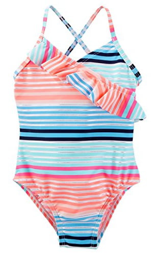 Swimsuit Size 18 Month & 5 Infant/Girls OshKosh B'gosh Coral & Aqua Stripe 1PC 