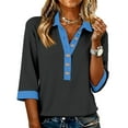 thumbnail image 2 of Collared Polo Shirts for Women Vintage Color Block 3/4 Sleeve Tops Patchwork Work Henley Shirts Casual Pullover Black XL, 2 of 4