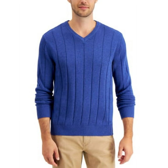 Club Room Mens Drop-Needle V-Neck Cotton Sweater, Large