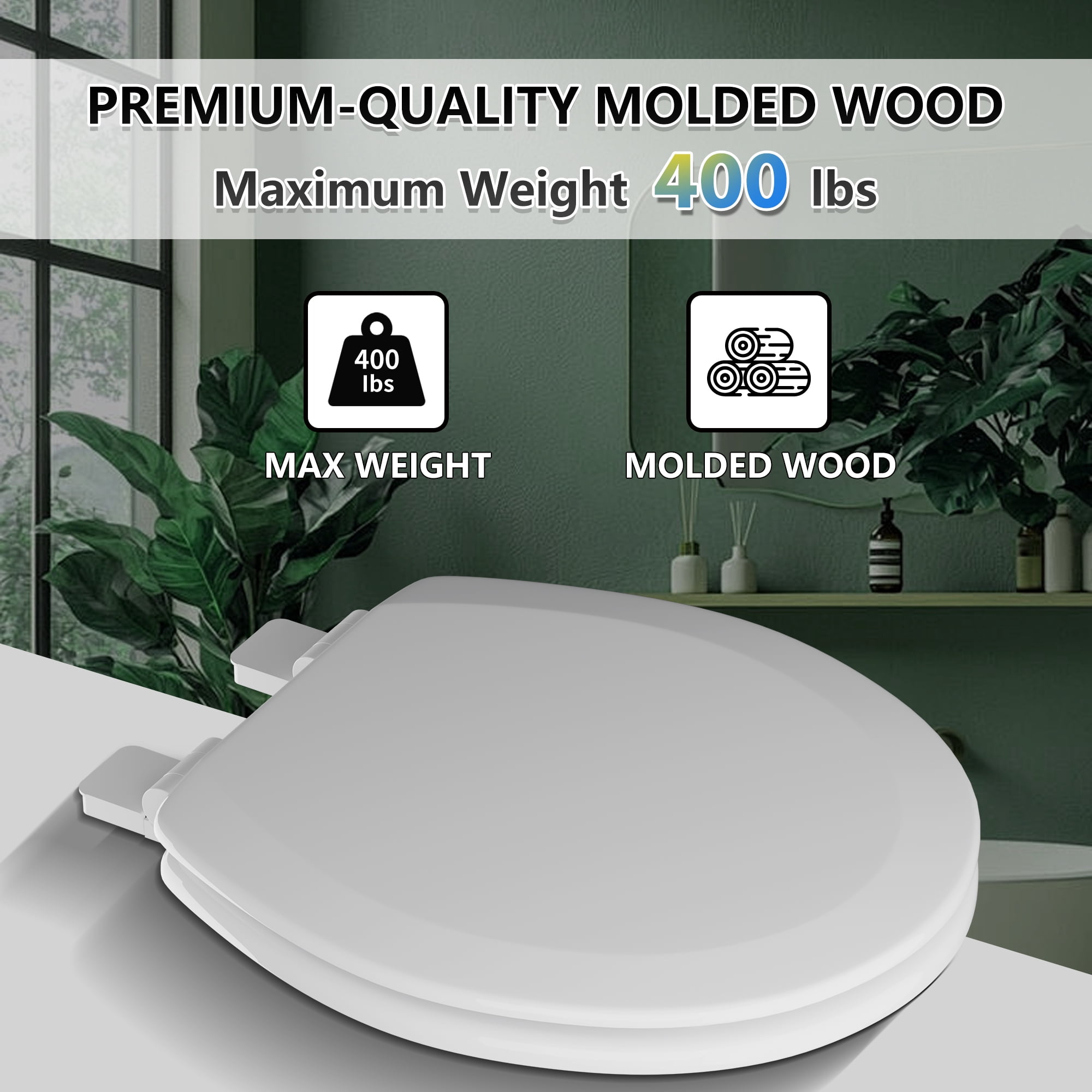 Angol Shiold Wood Toilet Seat with Non-Slip Adjustable Hinges, Quiet-Close ( White, Round 16.5'' )