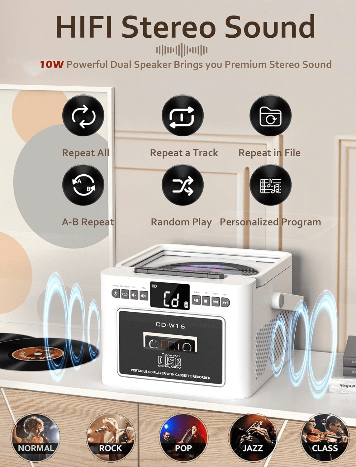 Jazmm Boombox CD Player, CD Cassette Player Combo with Bluetooth, 5000mAh Rechargeable Battery, FM Radio, Tape Recording for Home, Music
