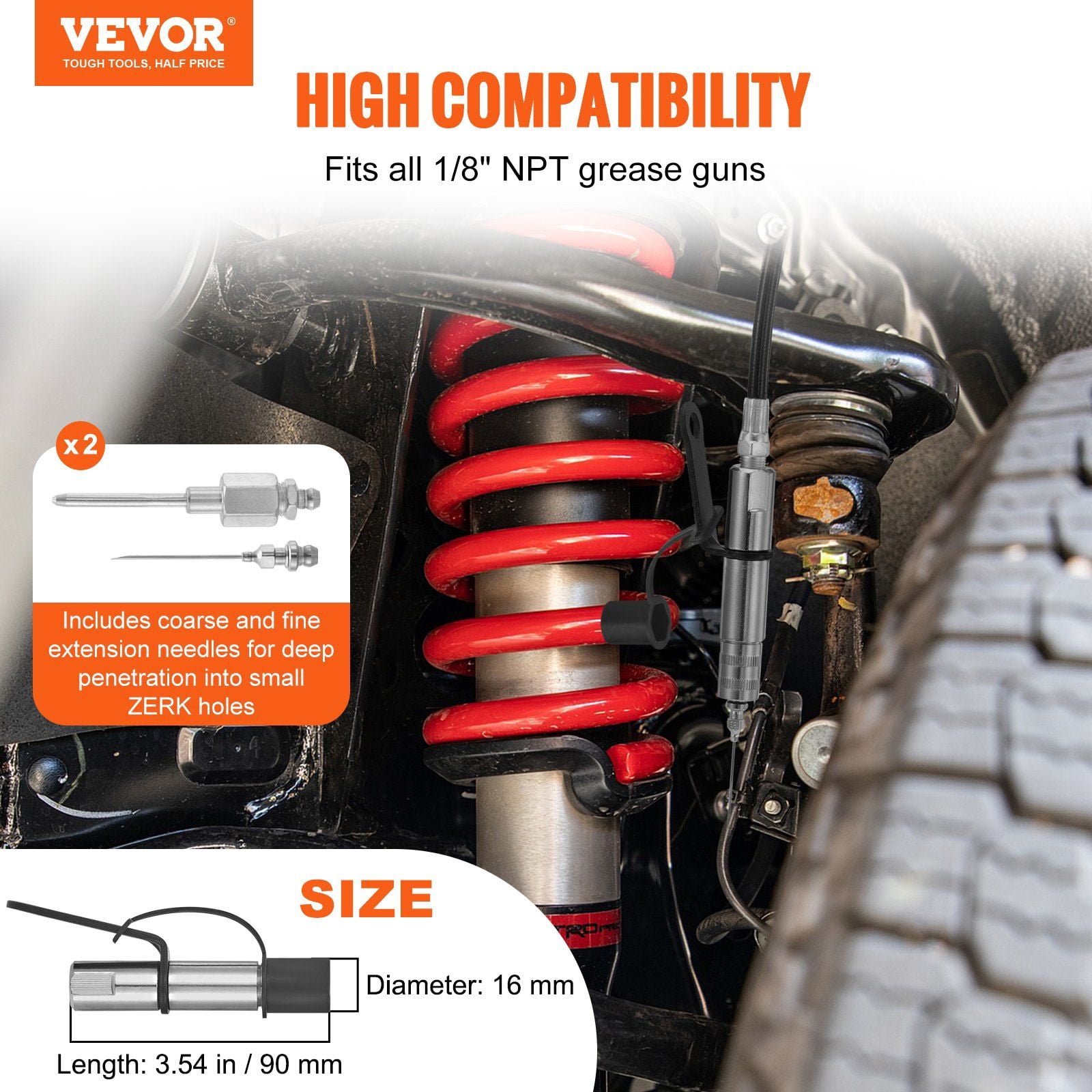 HCY Grease Gun Coupler 2 PCS, 10000 PSI High Pressure, 3-Jaw Locking, Quick Release Grease Gun Tip with Hose/Zerk Fittings Cleaner/Leak-Proof Cap, Compatible with All Grease Guns 1/8" NPT Fittings
