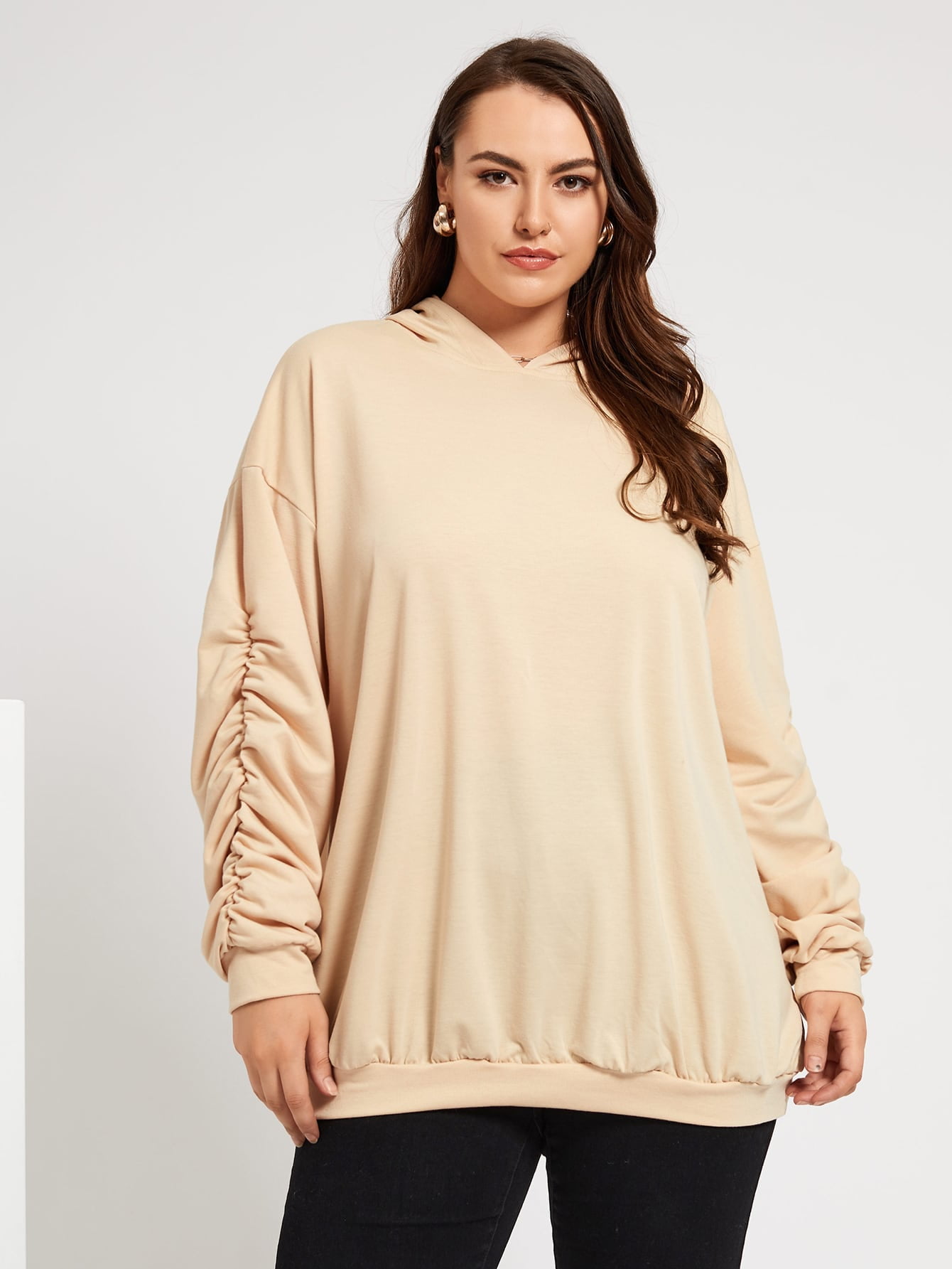 beige ruched sleeve hoodie