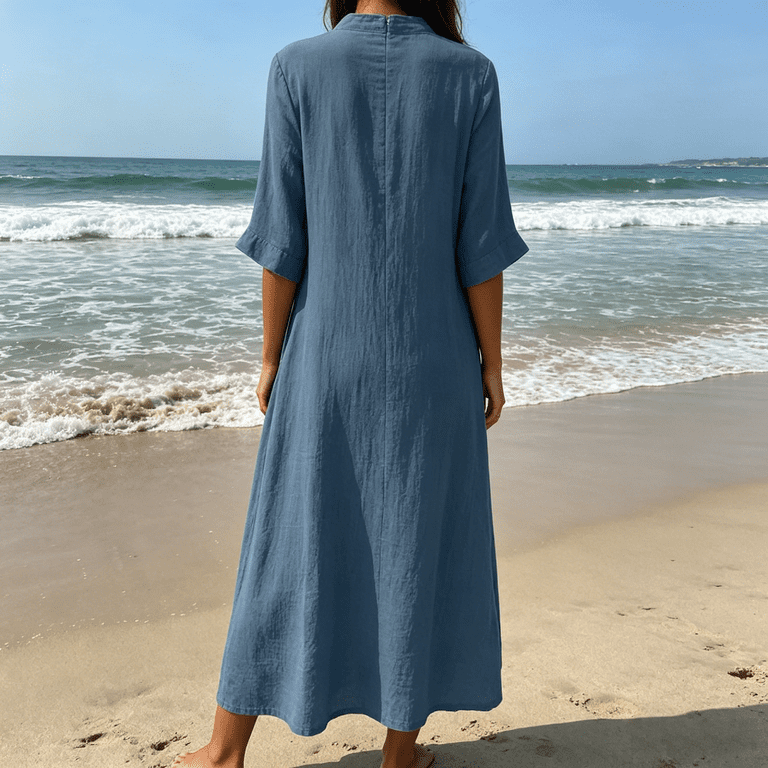 cotton gauze dresses for women Cmfcve Casual Summer Maxi Dress with Sleeves Trendy V Neck Button Down Loose Fit Dress with Pockets Lace Trim Midi Slip COLORESUPER_Blu Its the kind of Size:Green XL Bridal gown