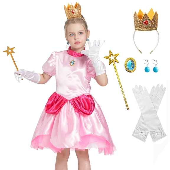 Girls Princess Costume, 5 Pcs Pink Dress Set for Kids Children Dress Up for Birthday Party Gift 3-4 Years