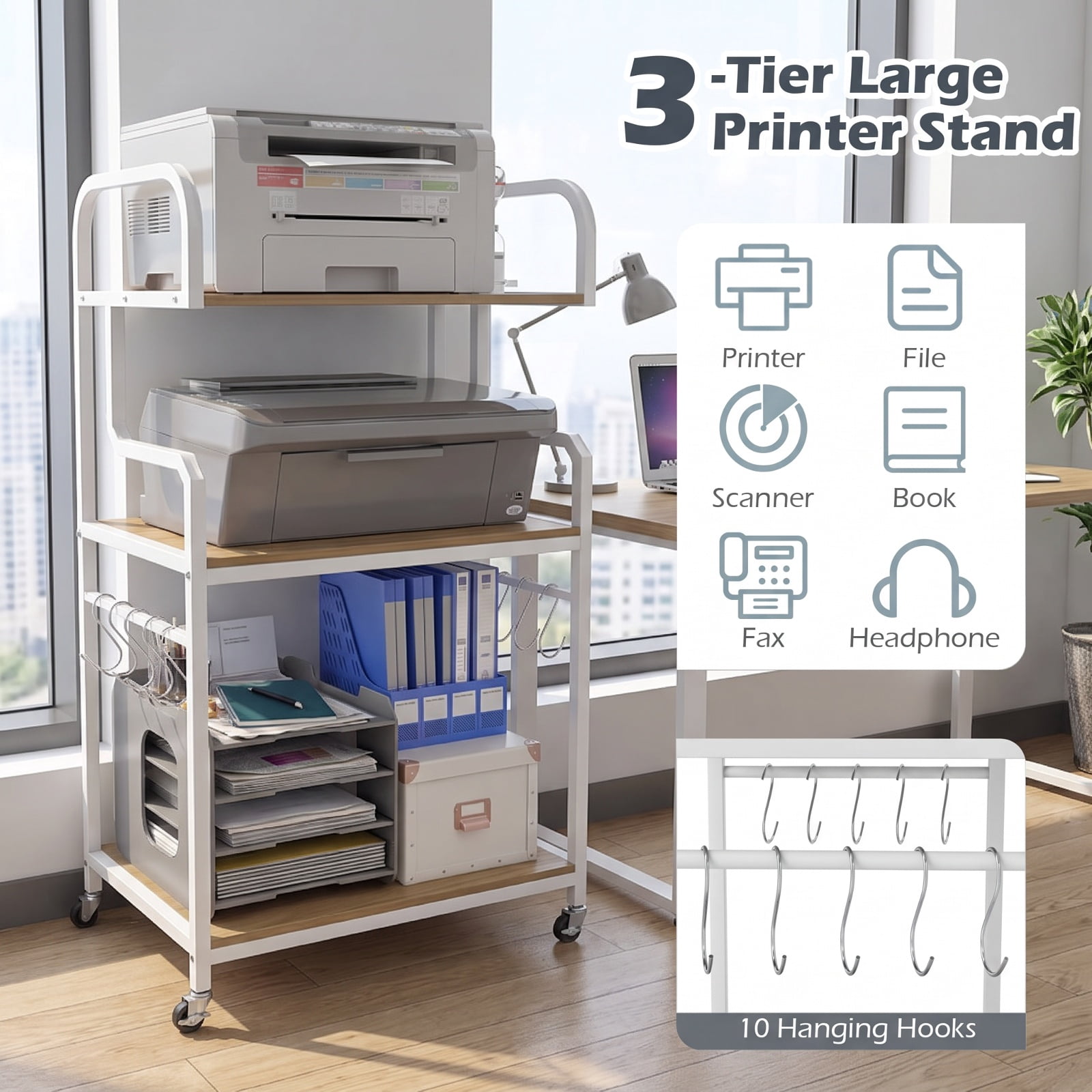 Furnibear 3-Tier Rolling Printer Stand Home Office Large Printer Cart with Storage Shelves for Home Office Printer Machine Under Desk Storage, Natural