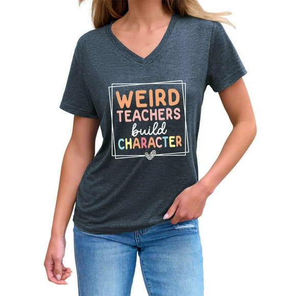 ZJXFGS Teacher Shirts for Women Teachers Graphic V Neck Tshirt Funny Short Sleeve Tees Tops for School Teens Blue S