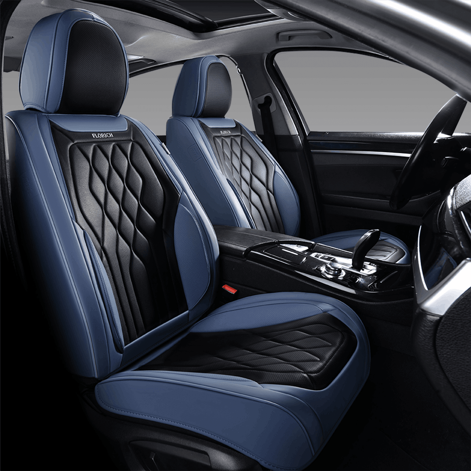 FLORICH Car Seat Covers Full Set, Waterproof Faux Leather Seat Protectors, Automotive Interior Cushions Universal Fit for Most Cars Suv Trucks, Black & Blue