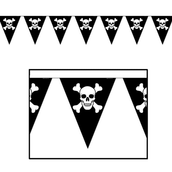 Club Pack of 12 Black and White Jolly Roger Pennant Banner Hanging Party Decors 12'