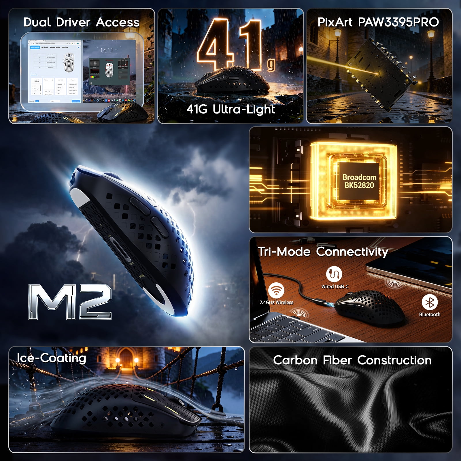 MAMBASNAKE M2 Wireless Gaming Mouse, 41g Carbon Fiber, PAW3395PRO, 40000 DPI, Tri-Mode BT/2.4G/USB-C, for PC/Mac, Black