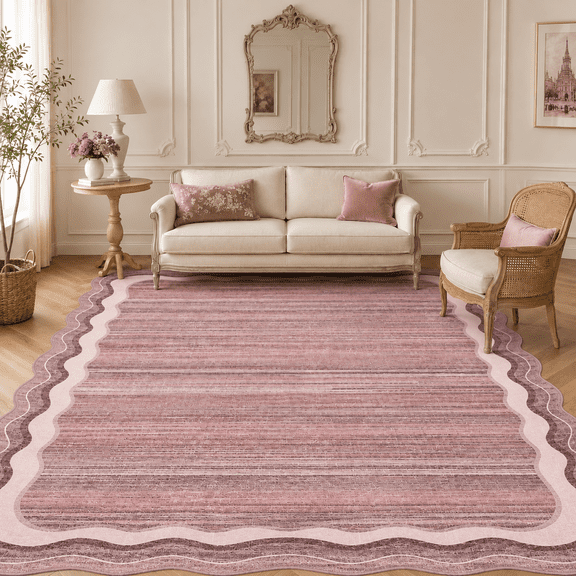 Wonnitar 5'x7' Scalloped Area Rug for Living Room, Washable Striped Bedroom Rug, Pink Wavy Rug for Dining Room, Nursery, Home Office, Non Slip Soft Low Pile Stain Resistant