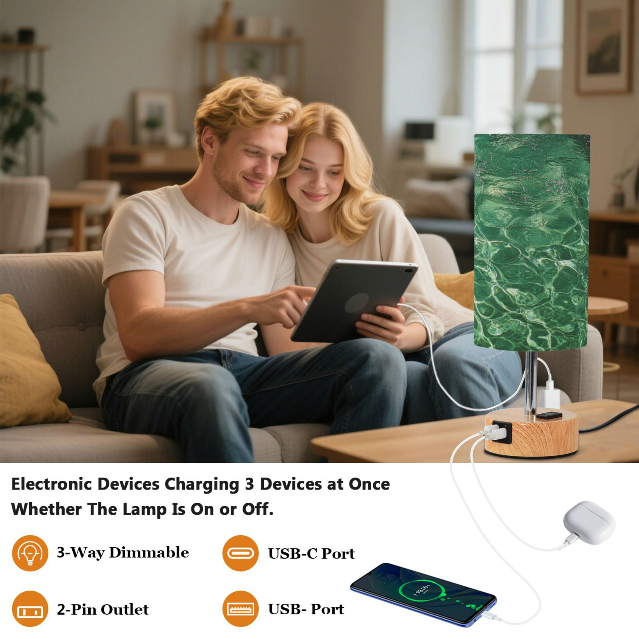 Touch-Control 3-Color Desk Lamp with Plug – Energy-Saving LED + 3 Simultaneous Charging Ports Green Water Ripples