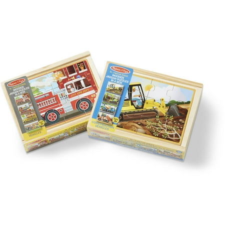Melissa & Doug Wooden Jigsaw Puzzles Set: Vehicles and Construction