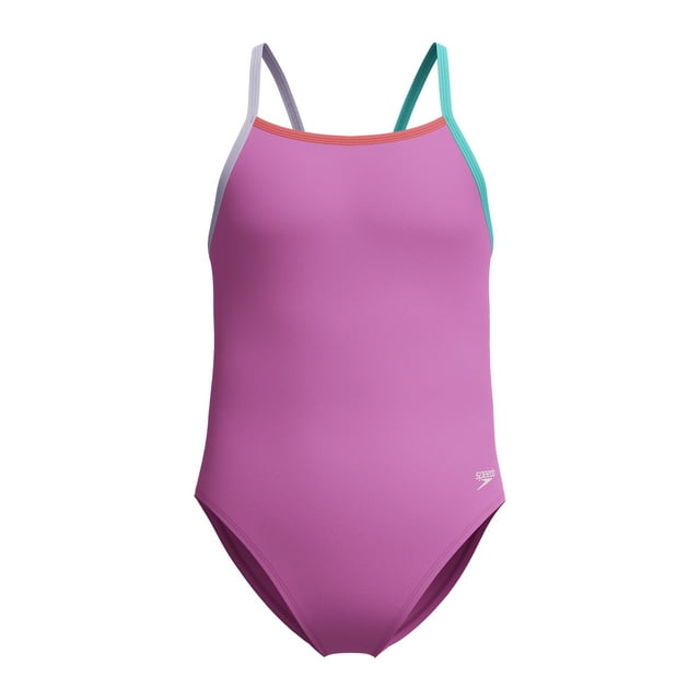 Speedo Maillot de Bain une Pièce à Fines Bretelles pour Fille Protection UV Propel Back - Violet Néon, Taille 14