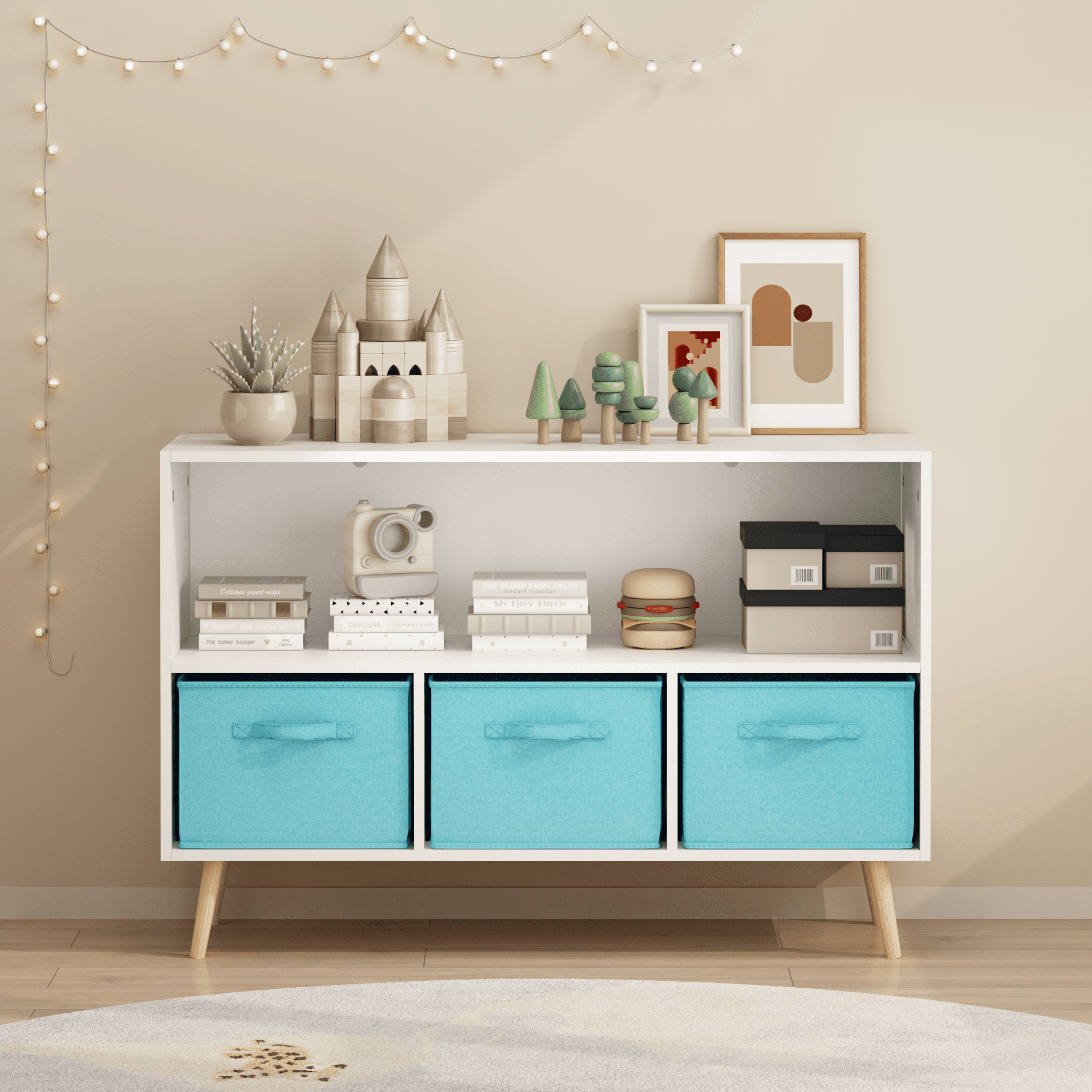 Kids bookcase with Collapsible Fabric Drawers, Children's Book Display, Toy Storage Cabinet Organizer, White/Blue
