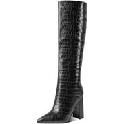 ARQA Women's Snakeskin Knee High Boots Mid-Calf Snake Print Boot Chunky Heel Pointed Toe Booties Zipper Slouch Shoes