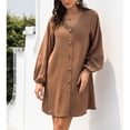 thumbnail image 3 of Vestido de manga larga con linterna para mujer, cuello en V, con botones, informal, suelto, línea A, vestido corto para verano, color caqui M, 3 of 6