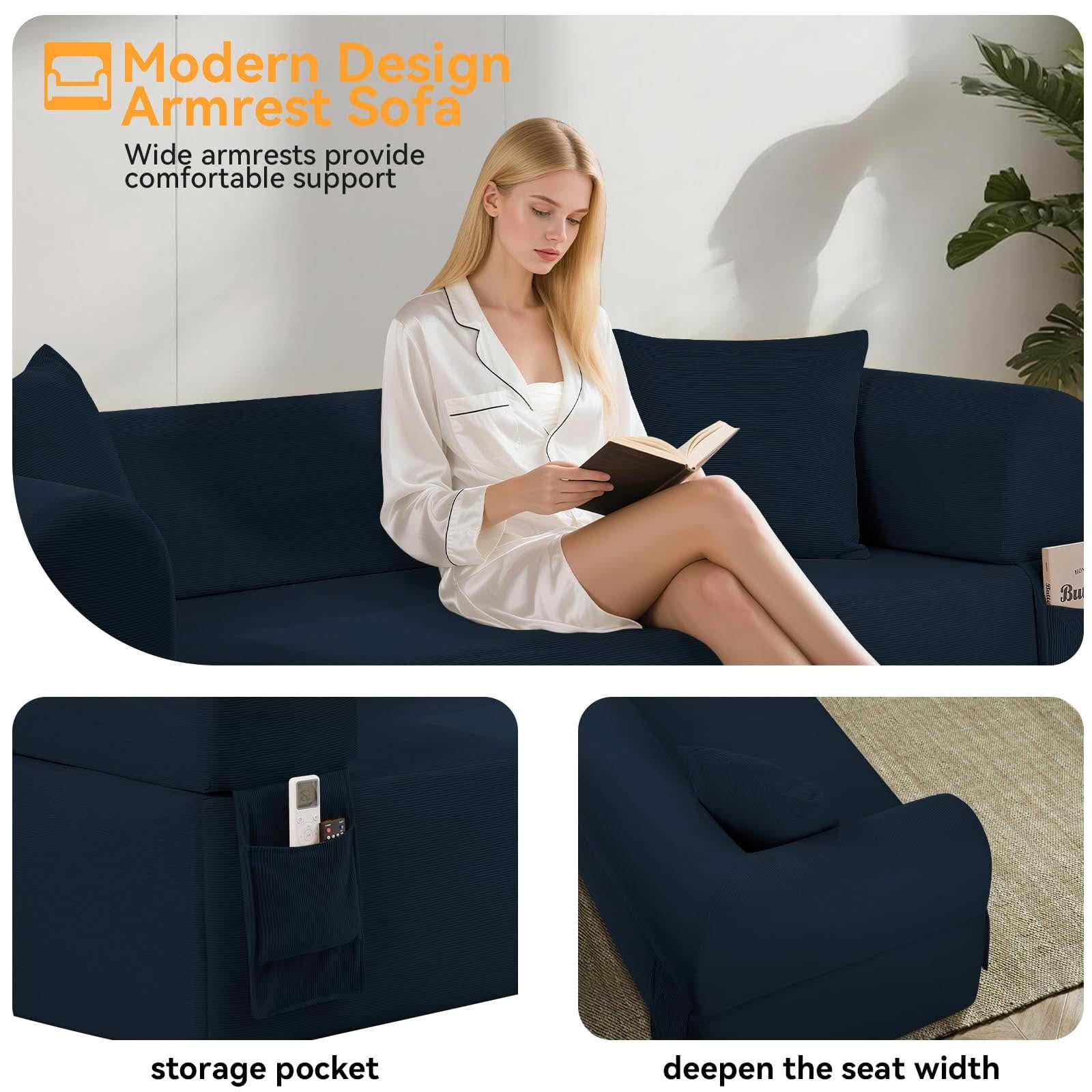 MAYEERTY 83" Blue Corduroy 3-Seater Sofa, 600lbs Pocket Spring No Assembly Couch for Living Room
