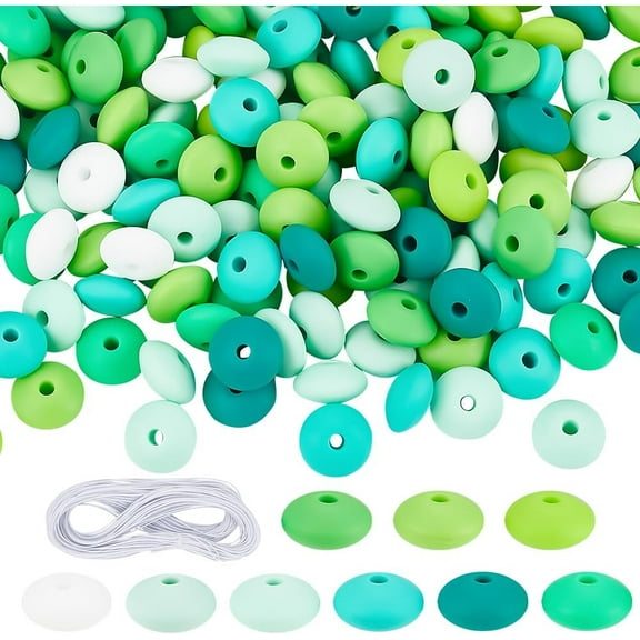 198pcs Silicone Lentil Beads 12mm Silicone Abacus Beads Rubber Silicone Focal Loose Spacer Beads with 22m Lanyard for Bracelet Necklace Jewelry Keychain Crafts Making DIY Handmade Home Decor Green