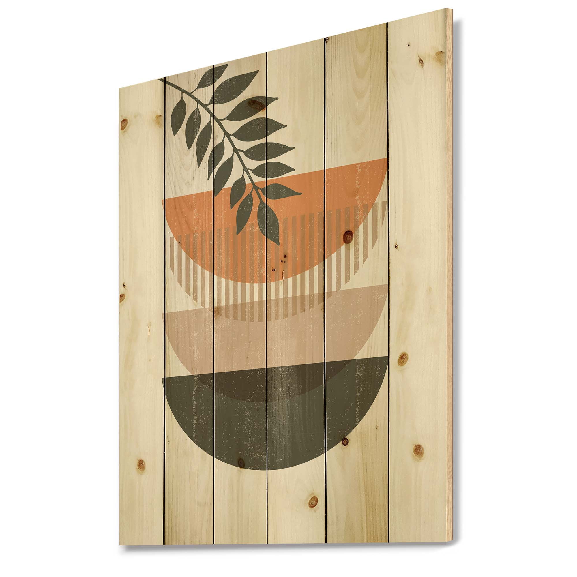 Designart 'Abstract Geometrical Moon and Sun With Leaf II' Modern Print on Natural Pine Wood