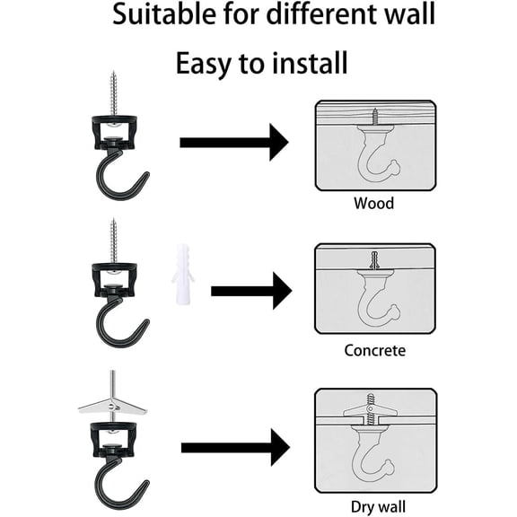OPVM-Rotatable Swag Ceiling Hooks for Hanging Plants Heavy Duty Swivel Hook with Hardware Ceiling Installation Cavity Wall Fixing(2 Sets Black)