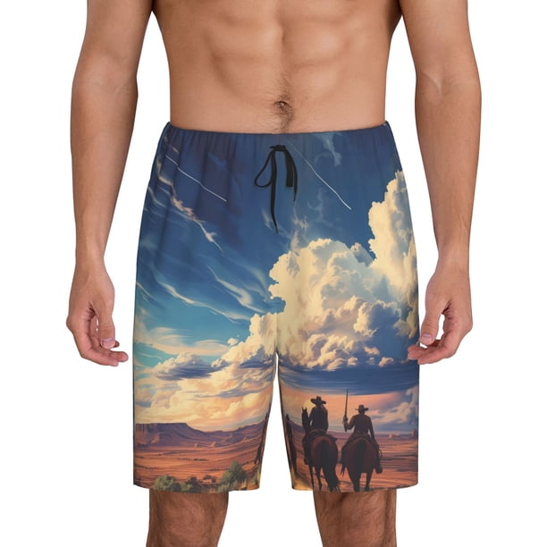 Balery Western Desert Cloud Cowboy Pantalones cortos de pijama de punto de algodón para hombre con cinturilla y bolsillos-Small