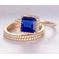 thumbnail image 2 of 3 Carat 6mm Princess Cut Blue Sapphire And Moissanite Diamond Halo Trio Wedding Ring Bridal Set in 10k Rose Gold, 2 of 3